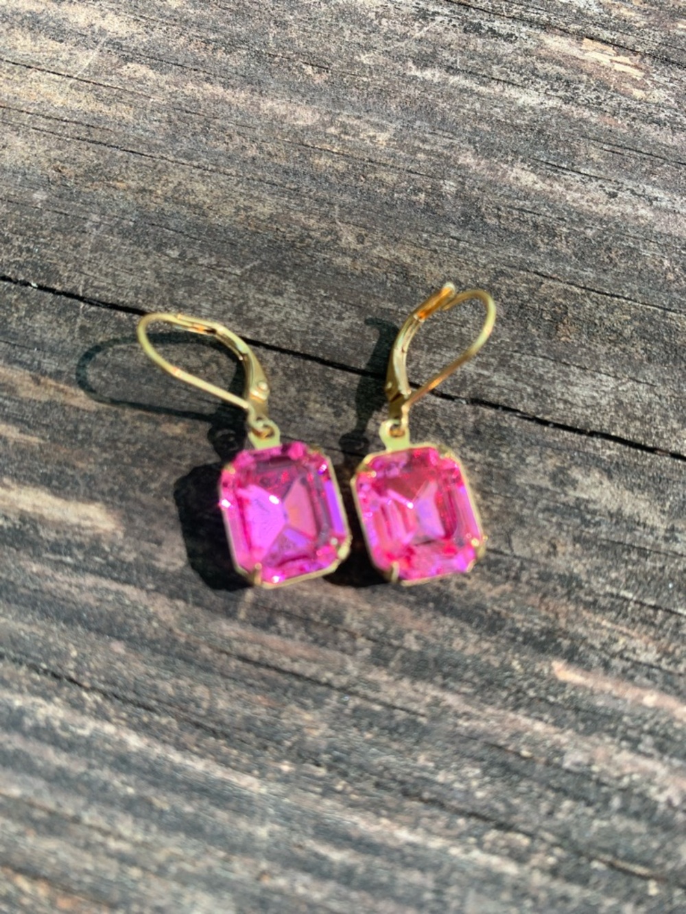 Gold Leverback Earrings with Pink Square Crystals